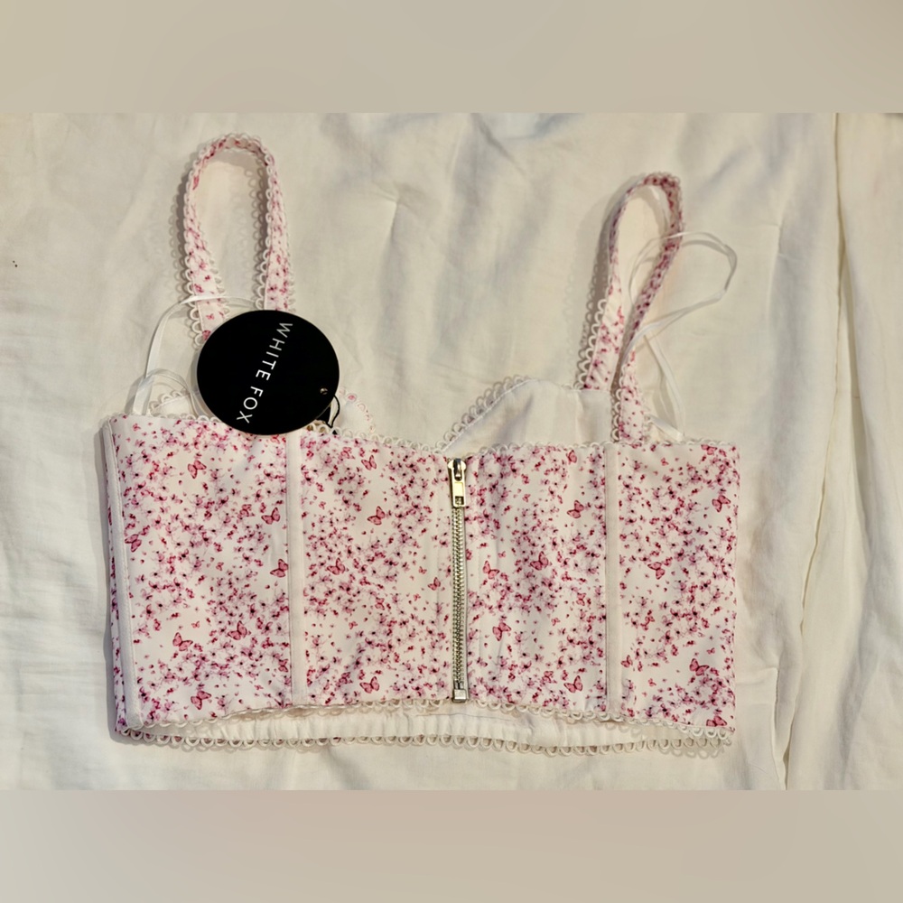 White Fox Weekend Love Bustier Crop Top in Pink Butterfly - Picture 3 of 12